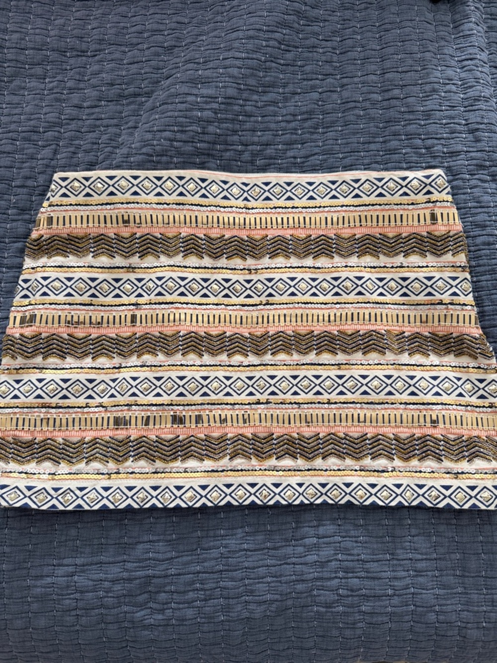 twik Embellished Mini Skirt in Navy, Cream, Pink, and Gold